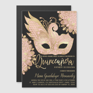 Pretty Pink Gold Black Masquerade Mask Quinceañera Magnetic Invitation