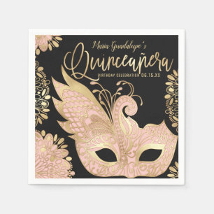 Pretty Pink Gold Black Masquerade Mask Quinceañera Napkin