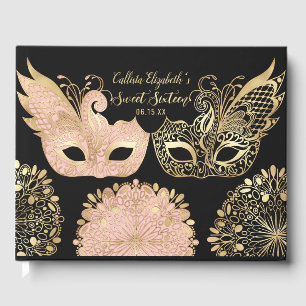 Pretty Pink Gold Black Masquerade Mask Sweet 16 Guest Book
