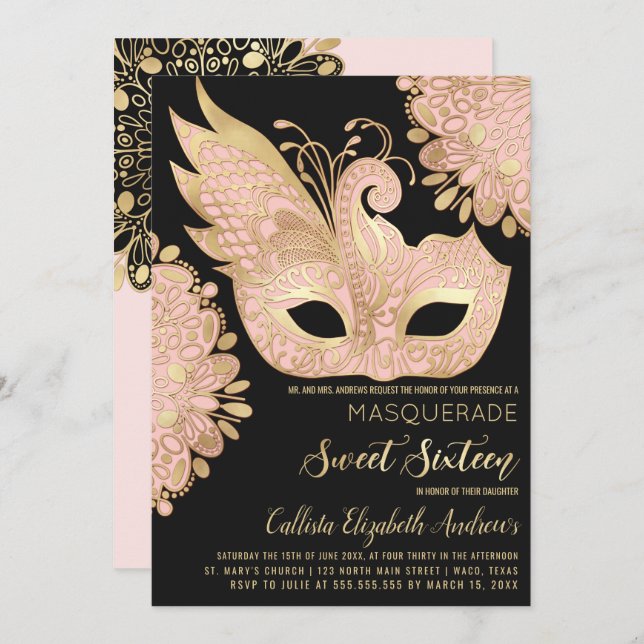 Pretty Pink Gold Black Masquerade Mask Sweet 16 Invitation (Front/Back)