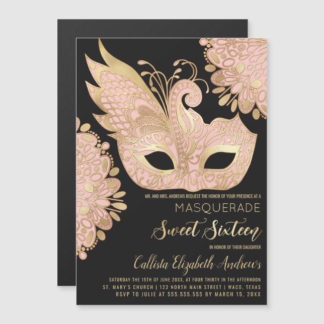 Pretty Pink Gold Black Masquerade Mask Sweet 16 Magnetic Invitation (Front/Back)
