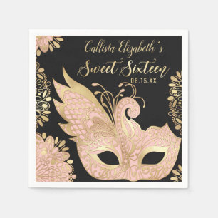 Pretty Pink Gold Black Masquerade Mask Sweet 16 Napkin