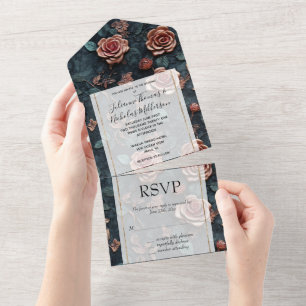 Pretty Pink Gold Blue Roses  All In One Invitation