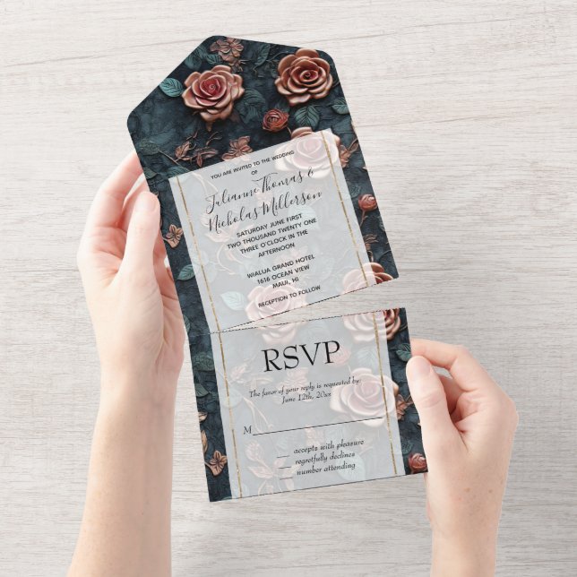 Pretty Pink Gold Blue Roses  All In One Invitation (Tearaway)