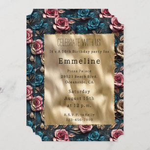 Pretty Pink Gold Blue Roses Invitation