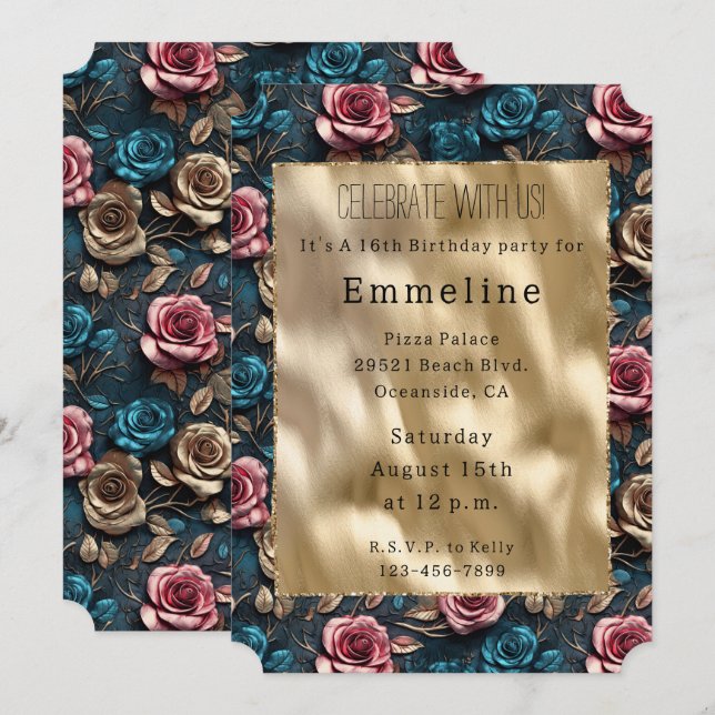 Pretty Pink Gold Blue Roses  Invitation (Front/Back)