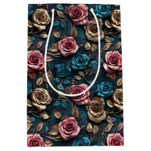 Pretty Pink Gold Blue Roses  Medium Gift Bag