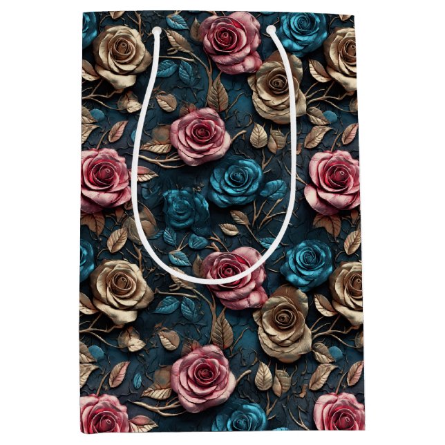 Pretty Pink Gold Blue Roses  Medium Gift Bag (Front)
