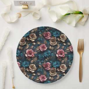 Pretty Pink Gold Blue Roses Paper Plate