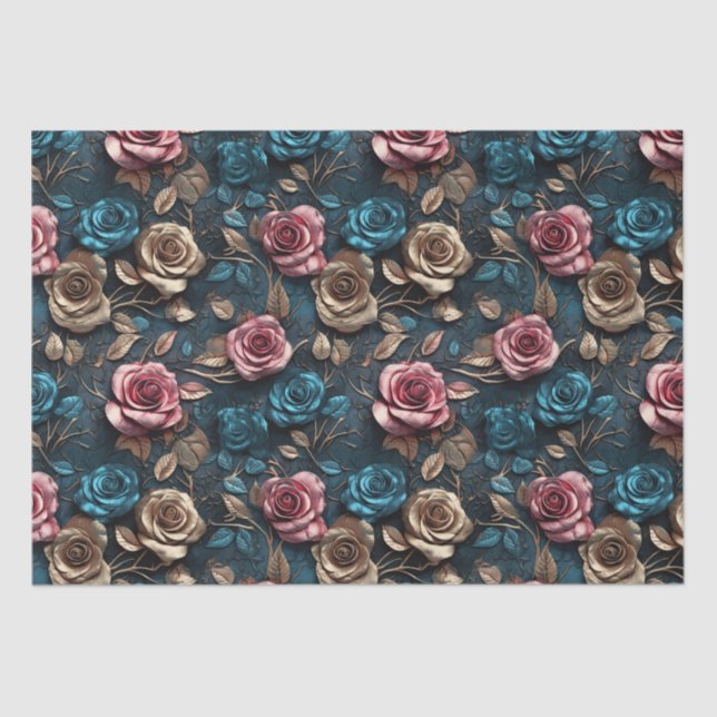 Pretty Pink Gold Blue Roses  Tissue Paper (Front)