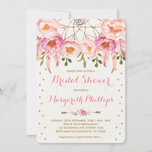 Pretty Pink & Gold Boho Dreamcatcher Bridal Shower Invitation (Front)