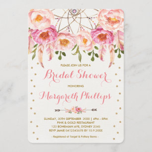 Pretty Pink & Gold Boho Dreamcatcher Bridal Shower Invitation