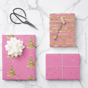 Pretty Pink Gold Christmas Tree Glitz  Wrapping Paper Sheet