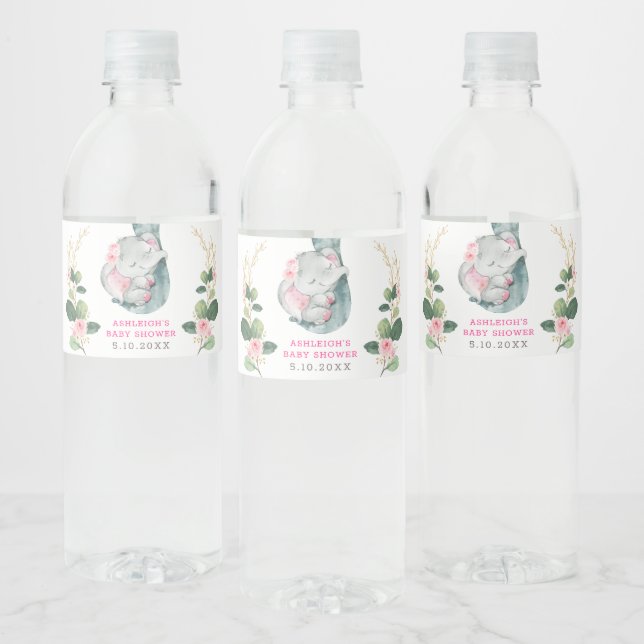 Pretty Pink Gold Floral Elephant Baby Shower Favor Water Bottle Label (Bottles)
