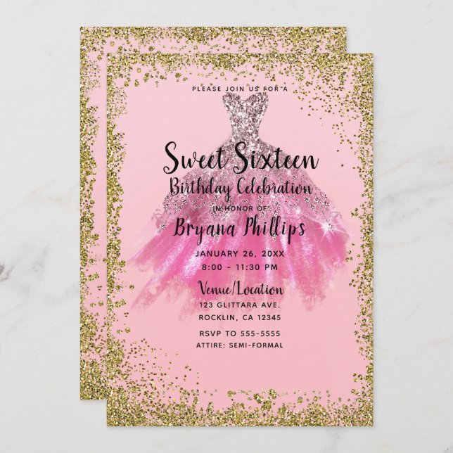 Pretty Pink Gold Glitter Party Dress Sweet 16 Invitation (Front/Back)