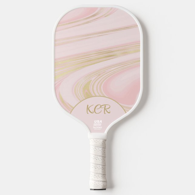 Pretty Pink Gold Marble Swirl Official USA Pickleball Paddle (Front)