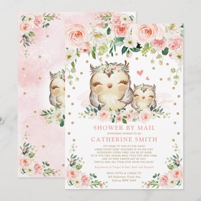 Pretty Pink & Gold Owl Girl Baby Shower By Mail Invitation (Front/Back)