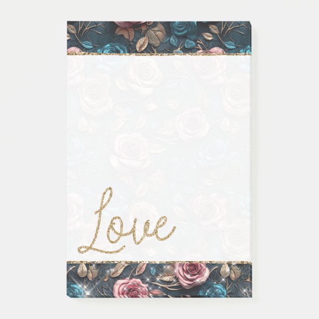Pretty Pink Gold Roses Glitter Love Post-it Notes (Front)