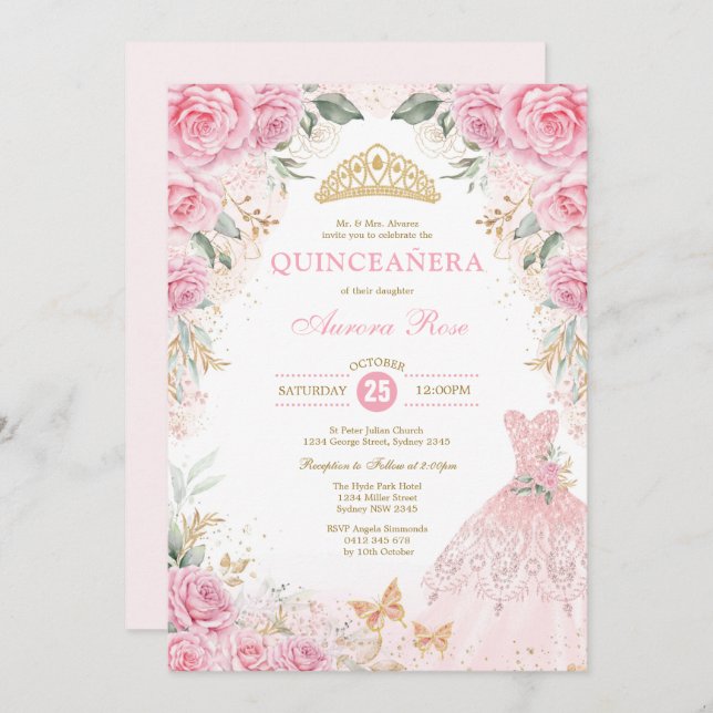 Pretty Pink Gold Roses Princess Dress Quinceañera  Invitation (Front/Back)