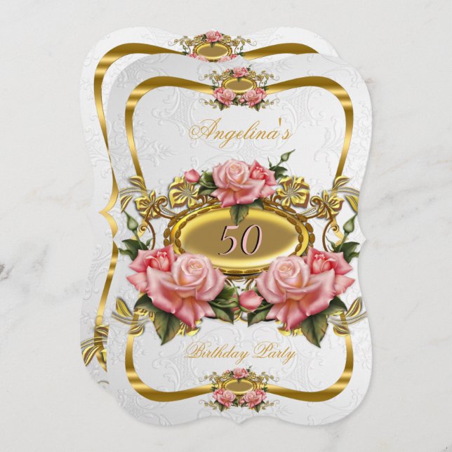 Pretty Pink Gold Roses White 50th Birthday Party Invitation (Front/Back)