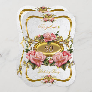 Pretty Pink Gold Roses White 50th Birthday Party Invitation