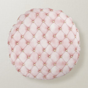Pretty Pink Gold Squares Round Cushion