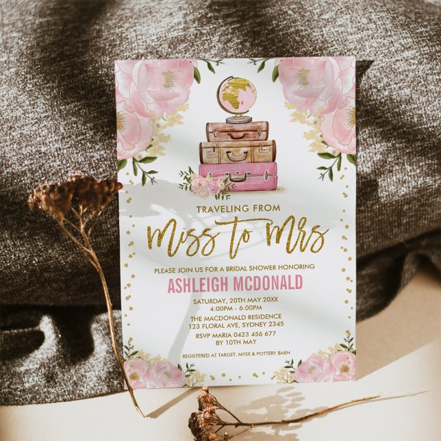Pretty Pink Gold Travel Adventure Bridal Shower Invitation (Creator Uploaded)