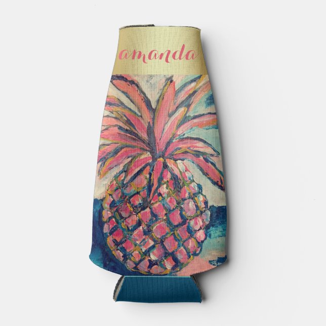 Pretty Pink Gold Trendy Pineapple Bottle Cooler (Front)