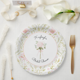 Pretty Pink Green Floral Bridal Shower    Paper Plate
