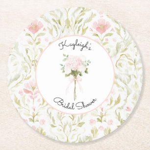 Pretty Pink Green Floral Bridal Shower    Round Paper Coaster
