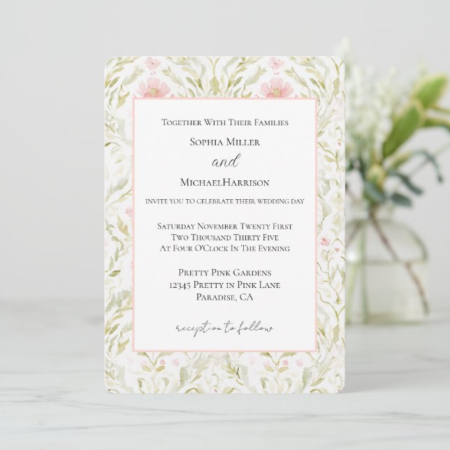 Pretty Pink Green Floral Wedding Invitation (Standing Front)