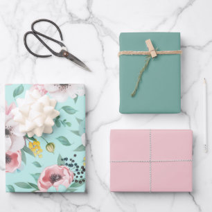 Pretty Pink Green Flower Pattern Wrapping Paper Sheet