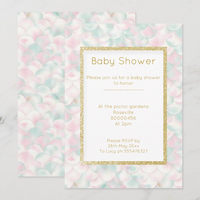 PRETTY PINK GREEN GOLD MERMAID  baby shower Invitation (Front/Back)