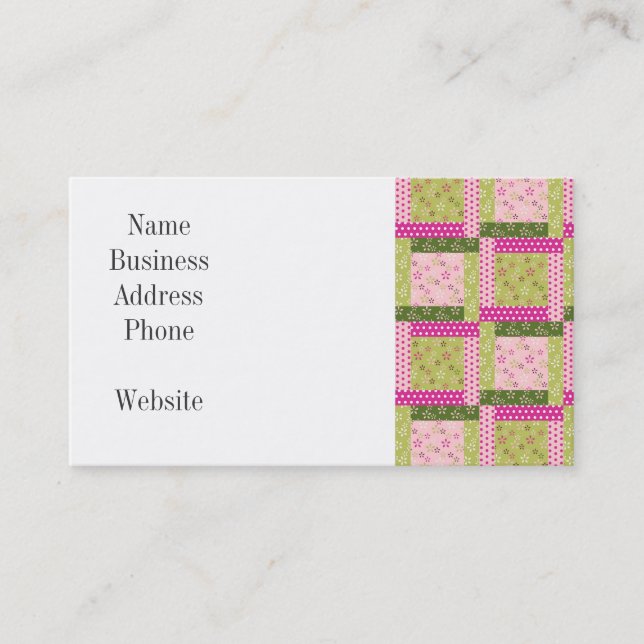 Pretty Pink Green Patchwork Squares Quilt Pattern Business Card (Front)