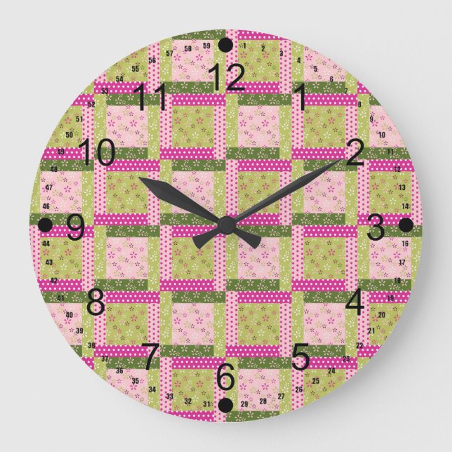 Pretty Pink Green Patchwork Squares Quilt Pattern Large Clock (Front)