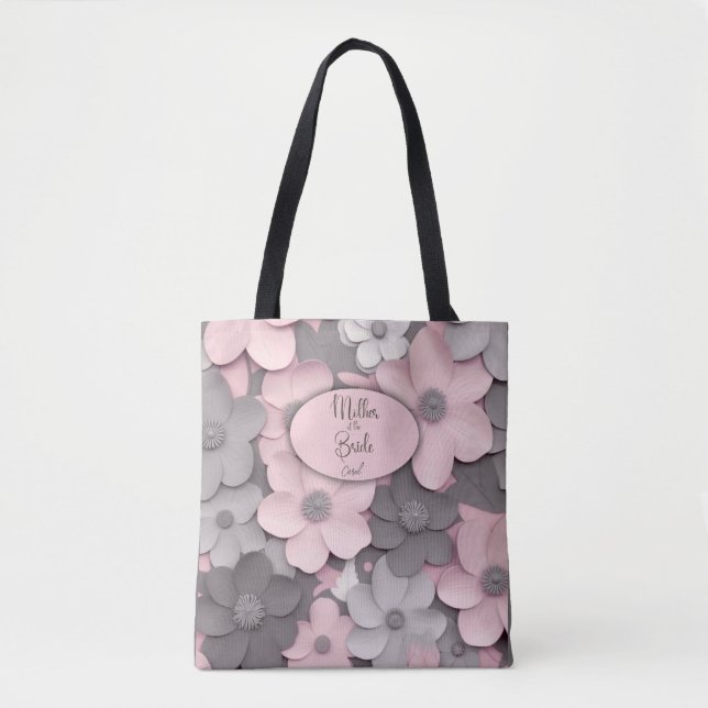 Pretty Pink-Grey 3D Poppies Mother of the Bride Tote Bag (Front)