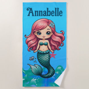 Pretty Pink-haired Mermaid Personalise Beach Towel