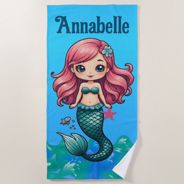 Pretty Pink-haired Mermaid Personalise Beach Towel (Front)