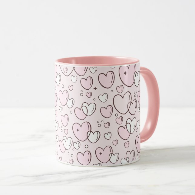 Pretty Pink Hand Drawn Bubble Hearts Valentine Mug (Front Right)
