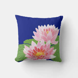 Pretty Pink Hand-painted Water Lilies on Blue Cushion