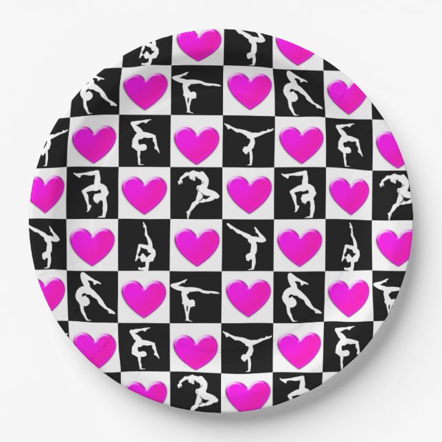 PRETTY PINK HEART GYMNASTICS DESIGN PAPER PLATE (Front)