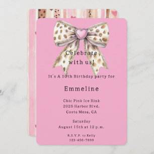 Pretty Pink Heart Leopard Girly Bow Birthday Invitation