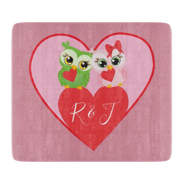 Pretty Pink Hearts and Owls Monogram Initials Cutting Board (Front)