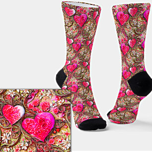 Pretty Pink Hearts & Raffia Flowers Socks