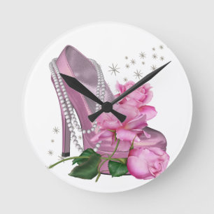 Pretty Pink Hi Heel Rose Round Clock