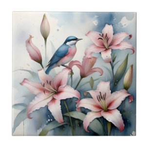 Pretty Pink hibiscus with bird watercolor painting Ceramic Tile