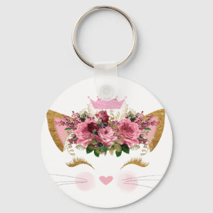 Pretty Pink Kitty Floral Pink Crown Key Ring