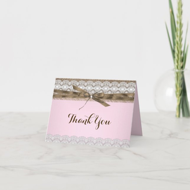 Pretty Pink Lace & Burlap Thank You Card (Front)