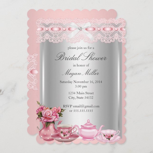 Pretty Pink lace High Tea Bridal Shower Invitation (Front/Back)