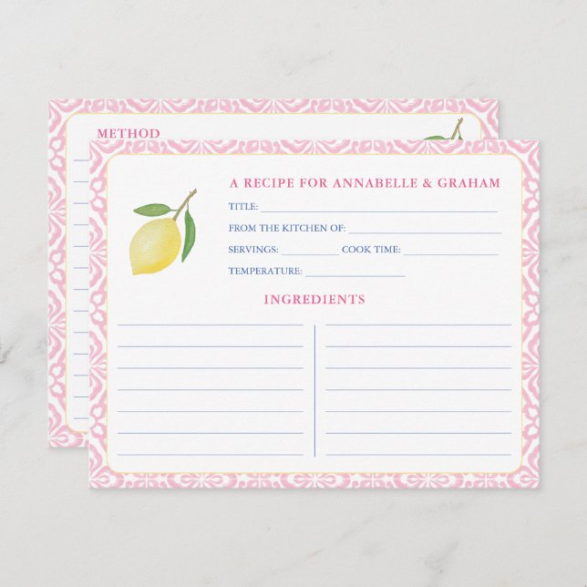 Pretty Pink Lemons Bridal Shower Recipe Card (Front/Back)